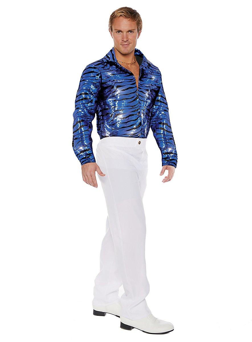 JOGAL - Camicia Con Paillettes Stile Discoteca Anni '70, A Maniche Corte Per Uomo 2x Grande Blu 118800653