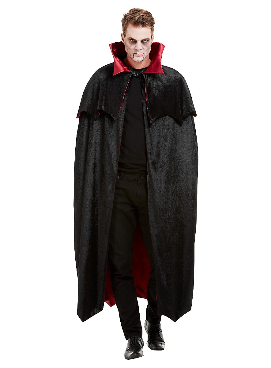 Cape De Vampire Réversible Halloween - Noire Et Rouge Avec Accessoires (dentier, Tatouages, Sang Factice)