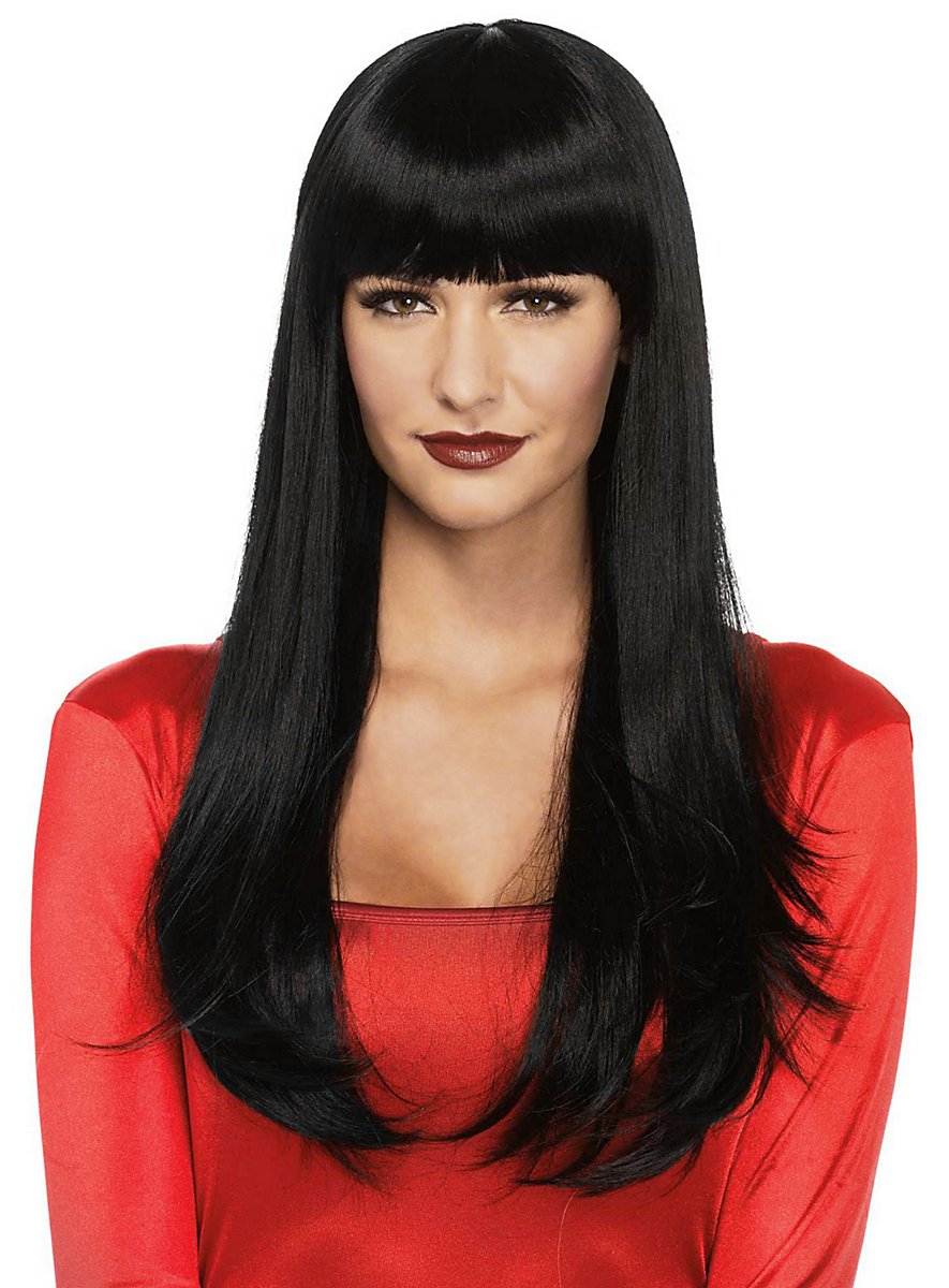 Perruque Synthétique Femme - Cheveux Longs Noirs Lisses Avec Frange, Bonnet Ajustable Inclus - Look Naturel