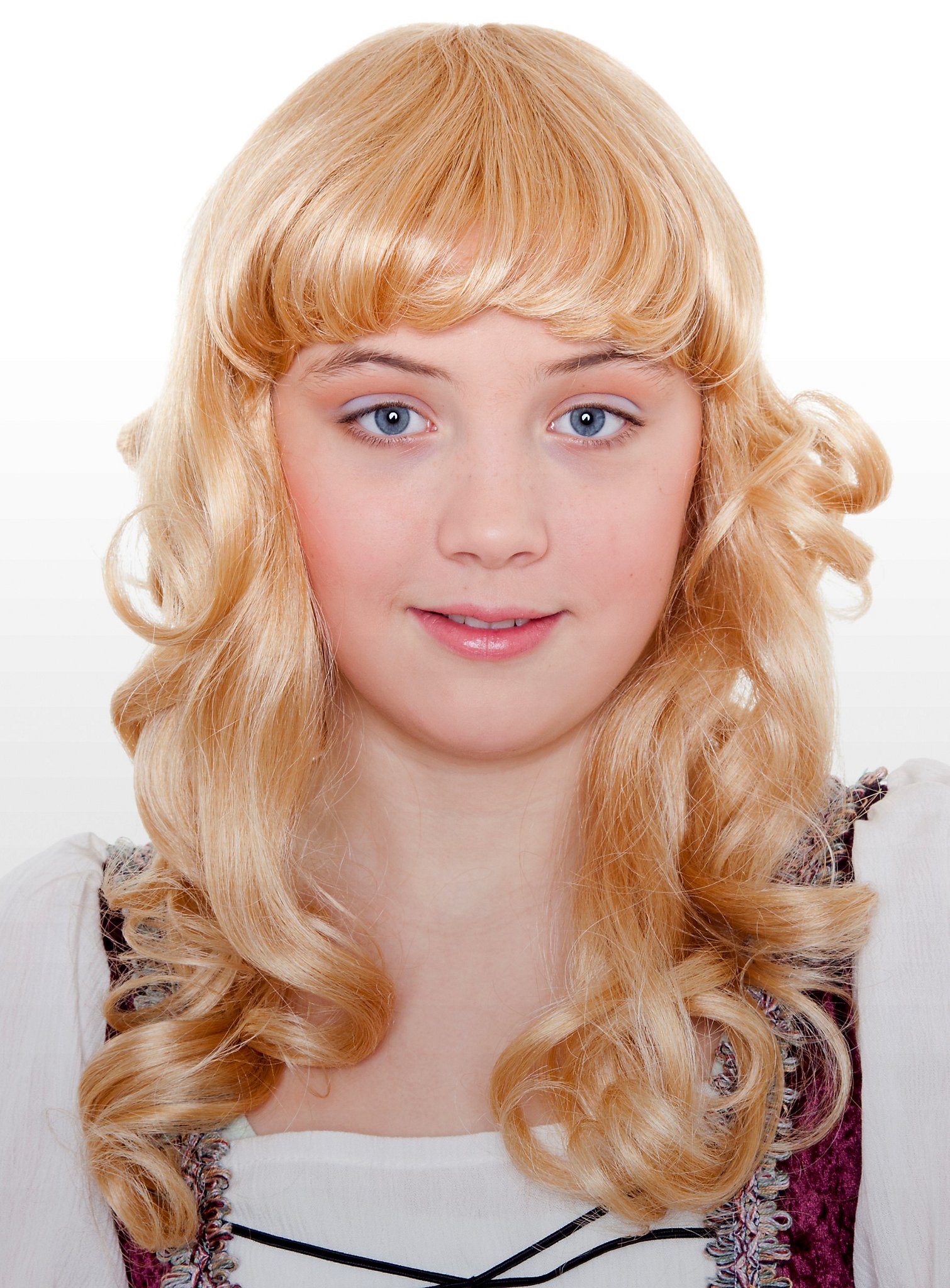 Langhaar Kinderpruik Goudblond Gekruld Met Pony