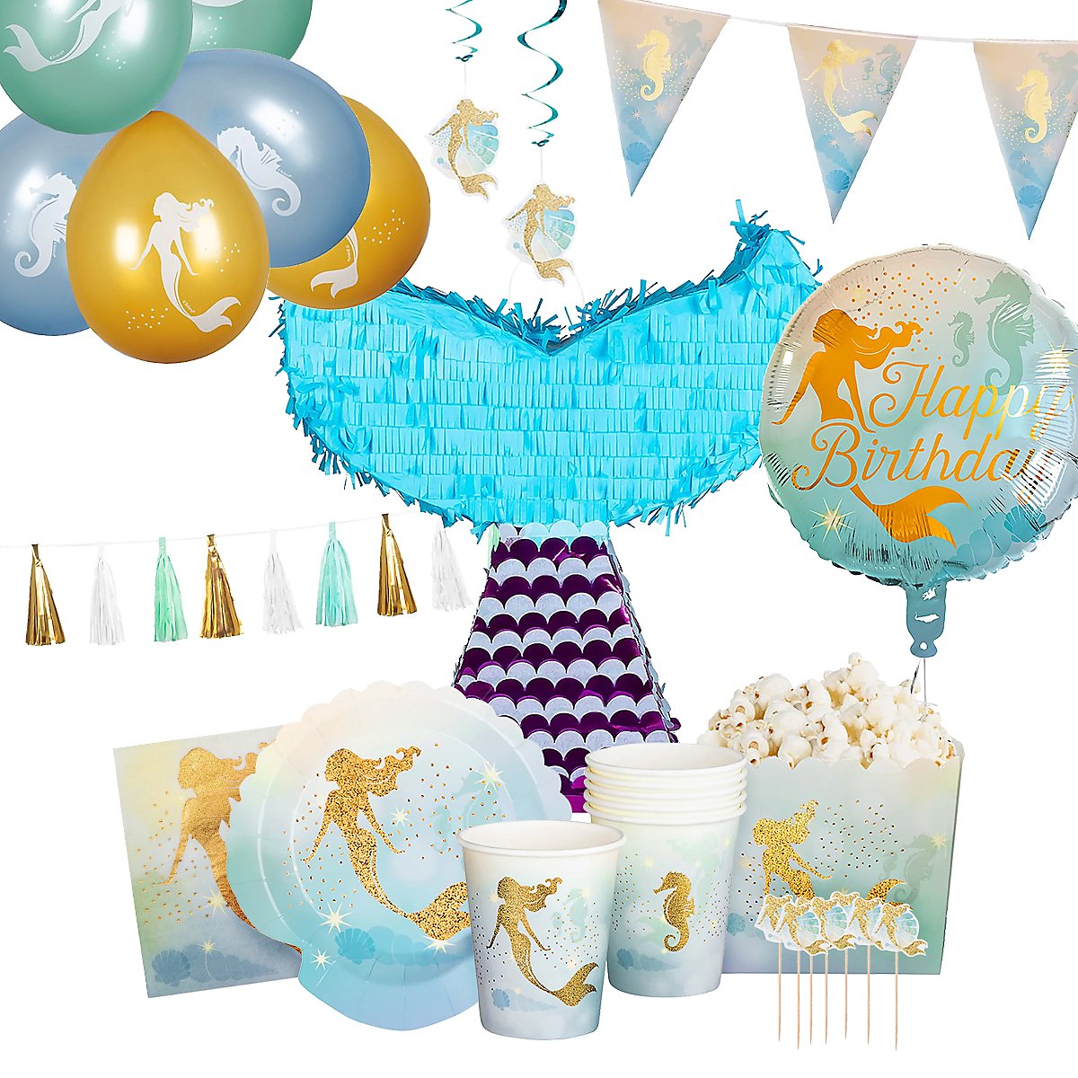 Zeemeermin Feest Decoratie Set Deluxe 54-delig met Piñata voor 6 personen