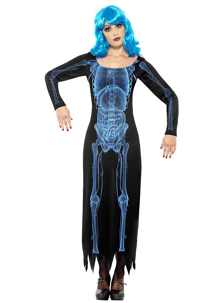 Röntgen Skelett Kleid | Halloween Kostüm für Damen | Größe: S | Farbe: Blau
