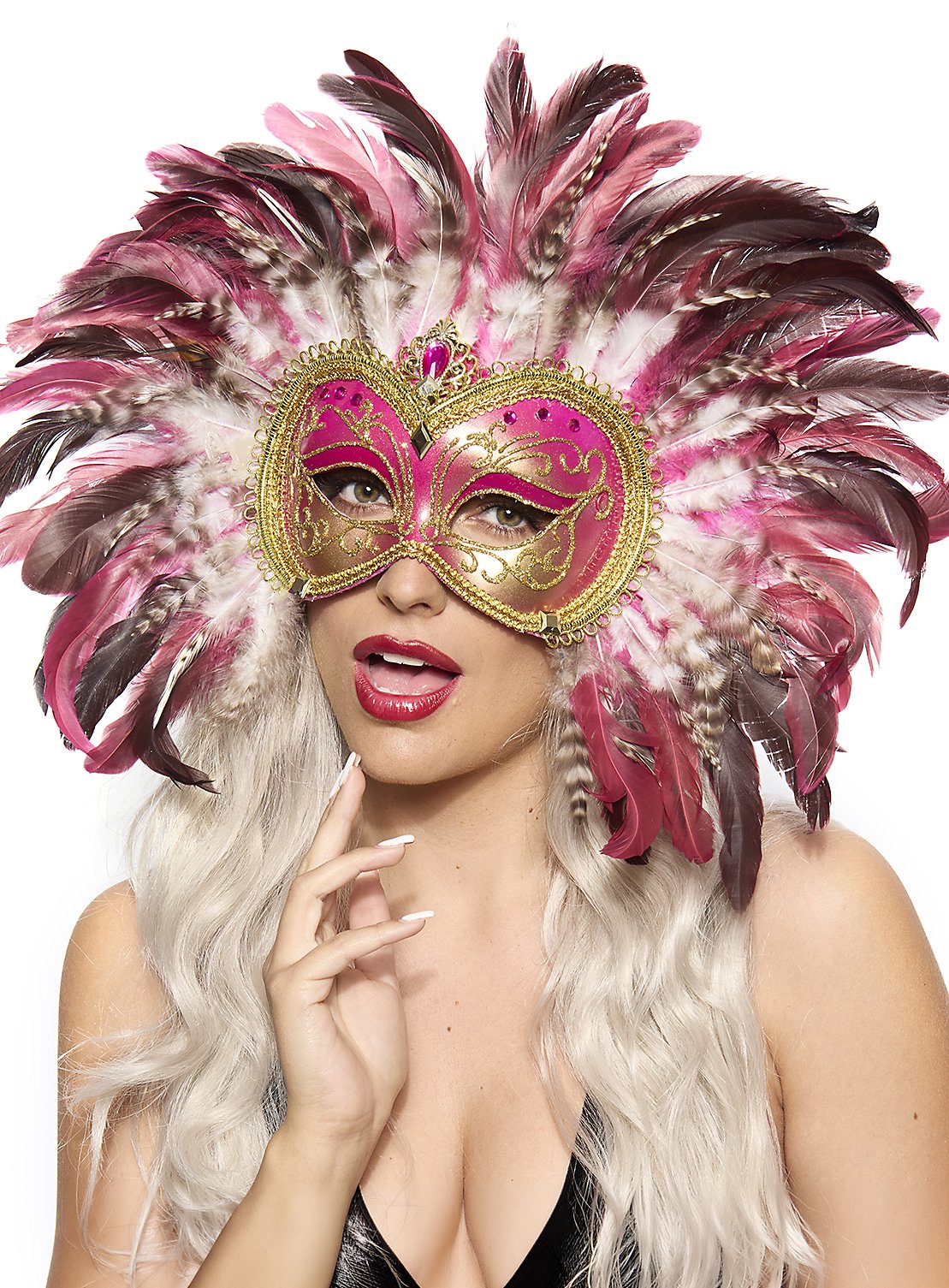 Maschera da uccello del paradiso con piume rosa