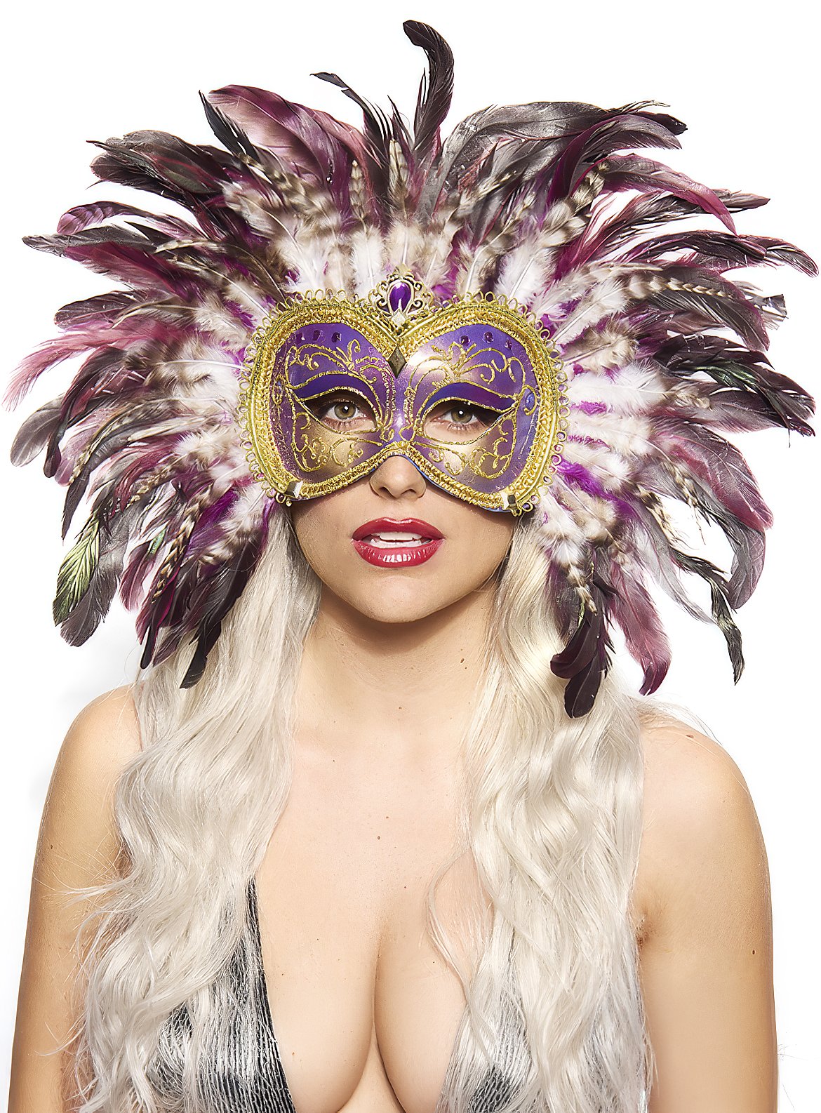 Maschera con piume di uccello del paradiso viola