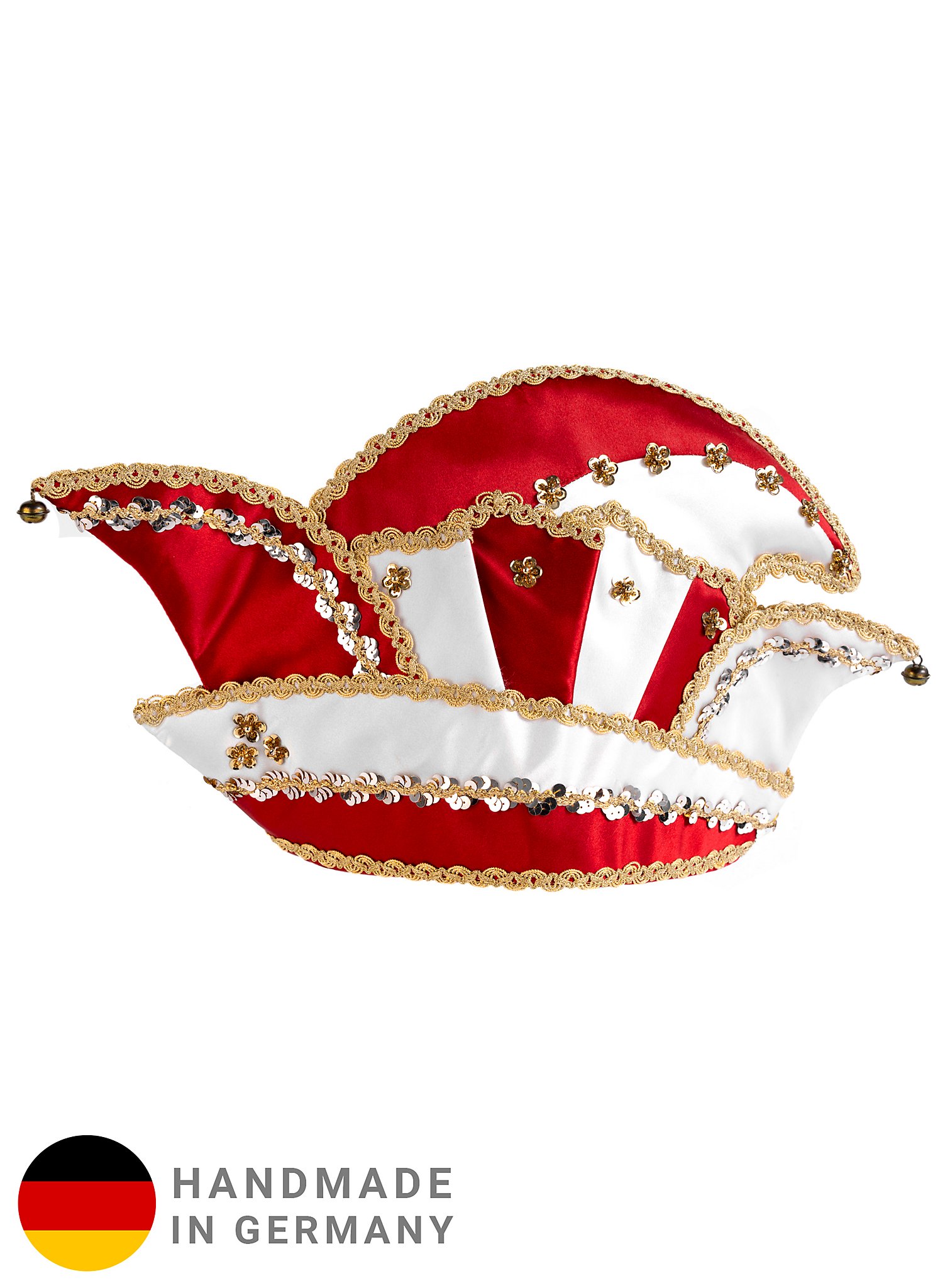 Casquette de comité élaborée rouge et blanche avec fleurs dorées