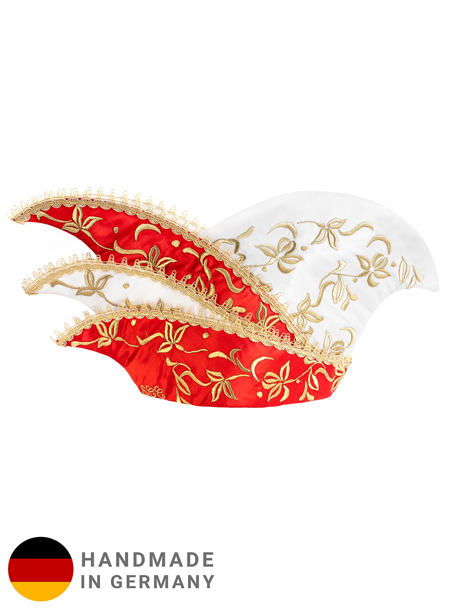 Suntuosa Gorra de Comité Roja y Blanca con Bordado Floral de Enredaderas y Galón Barroco