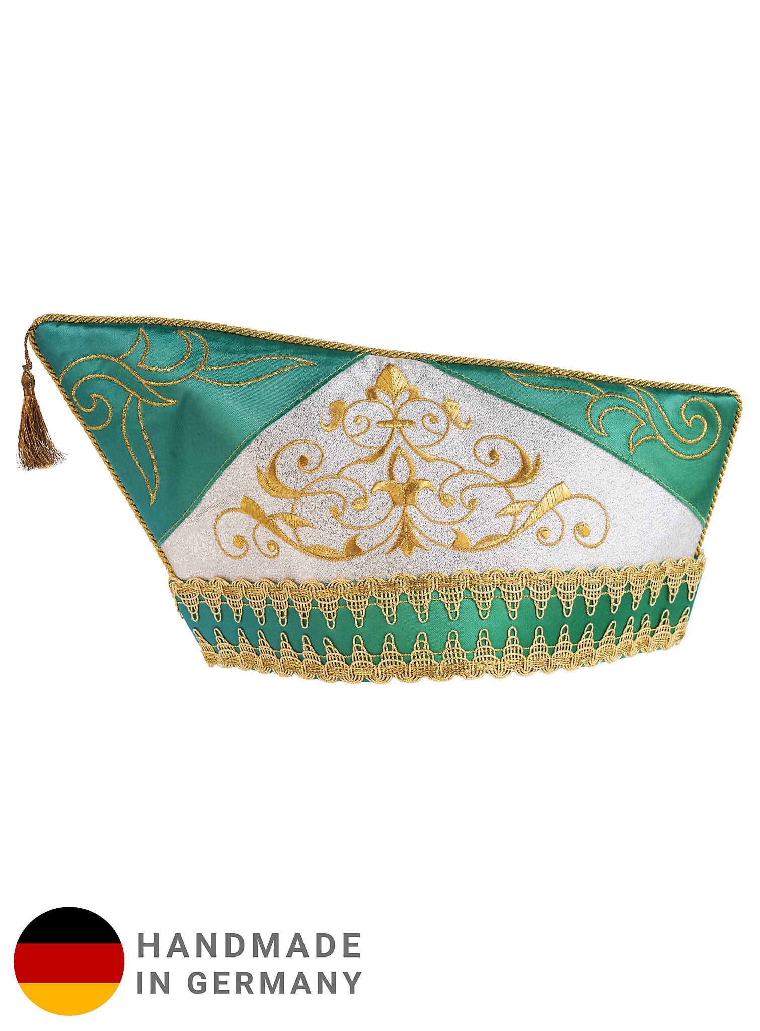 Green and gold side cap with baroque embroidery and old gold trim