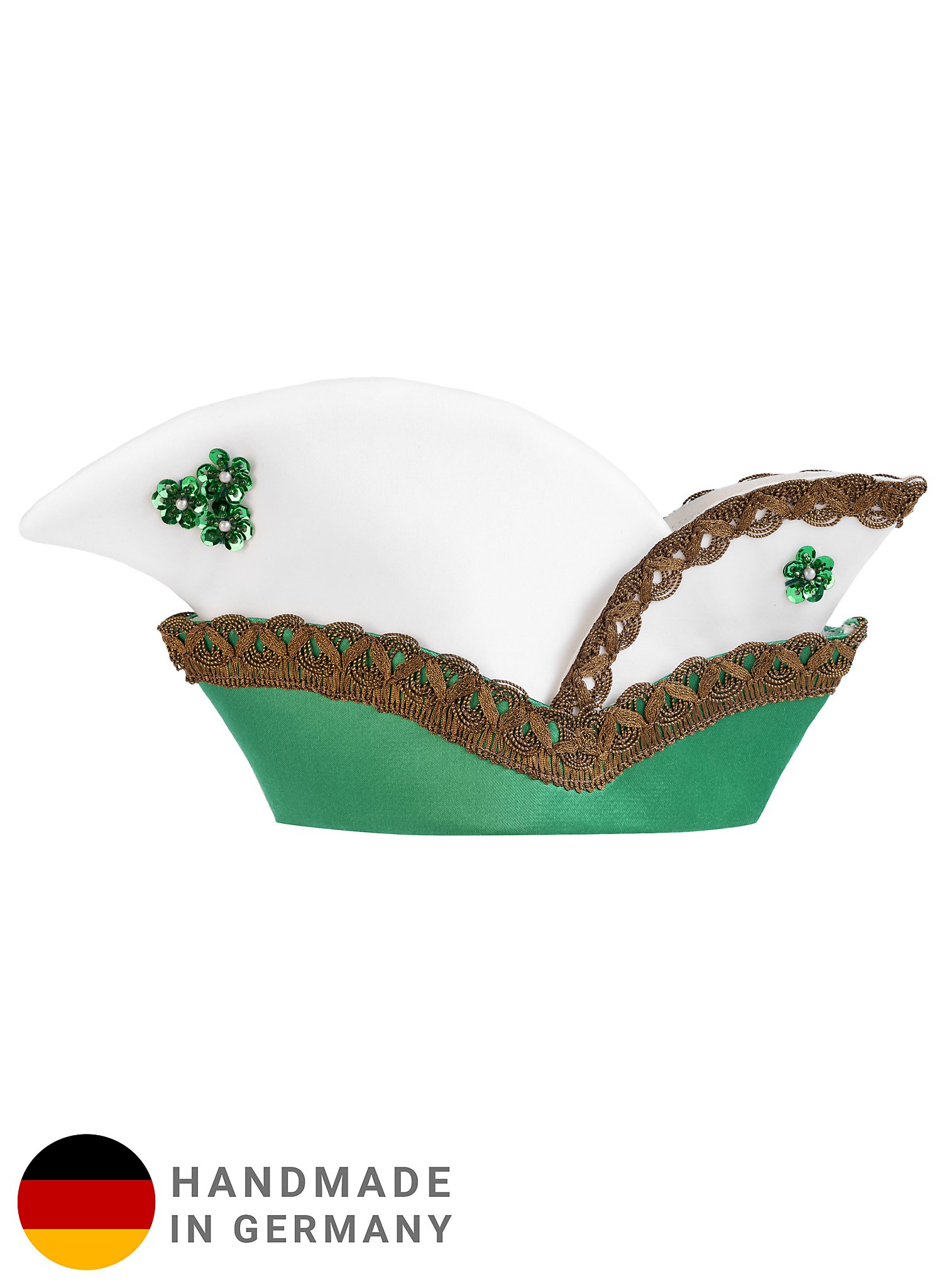 Green and white mini cap with flowers and old gold trim