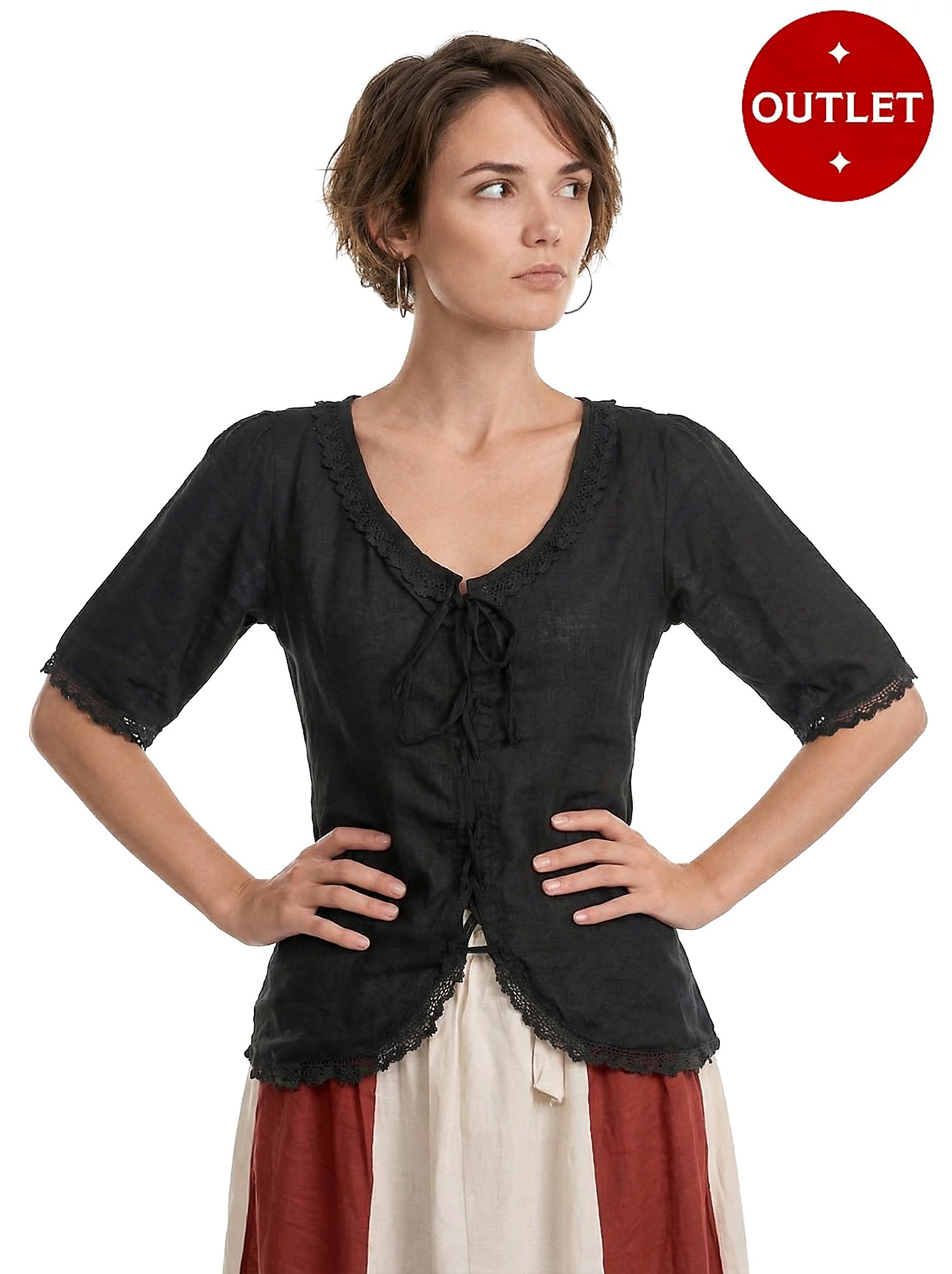 Mittelalterbluse mit Spitze - Sara | Piratenkostüm für Damen | Größe: schwarz XS | Farbe: Schwarz