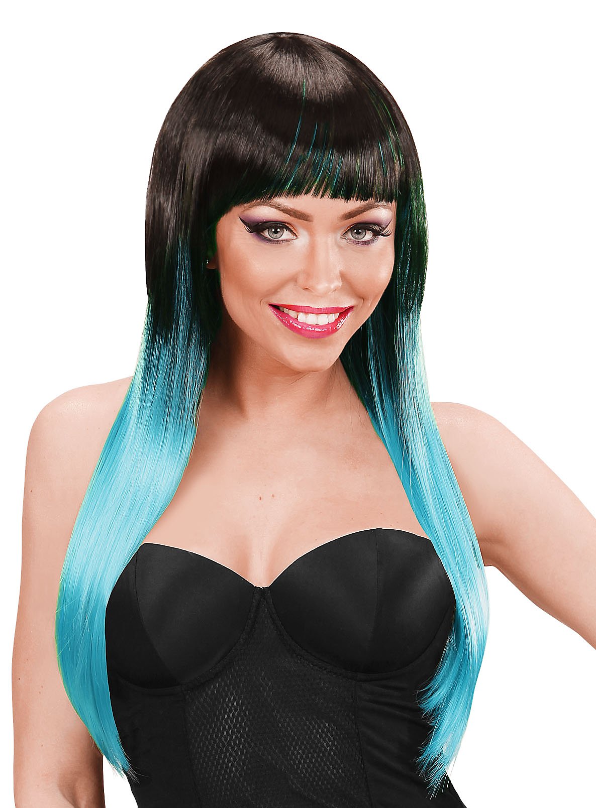 Lange Haare Perücke gestreift schwarz-blau Lange Haare Perücke gestreift schwarz-blau