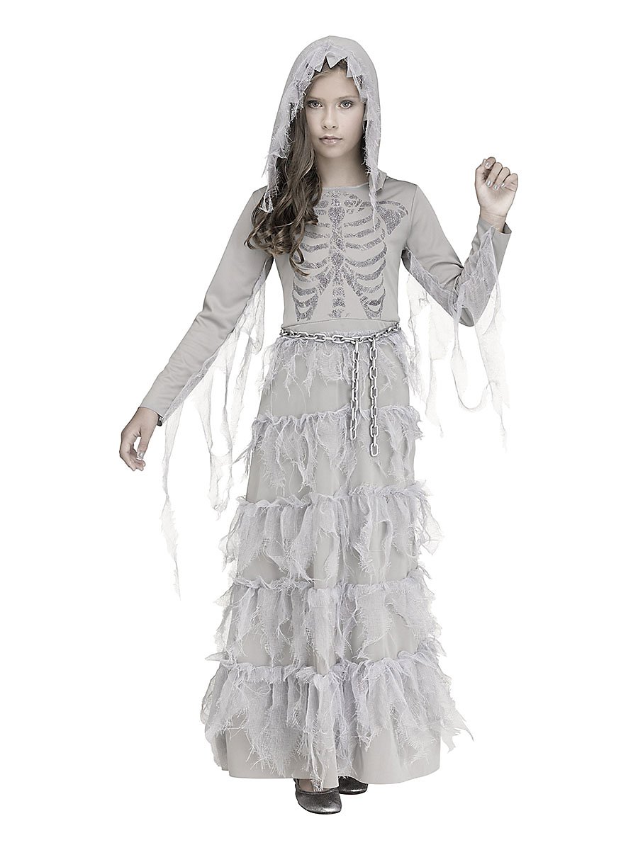 Glitzergeisterbraut Kinderkostüm | Halloween Kostüm für Mädchen | Größe: 128-140 | Farbe: Grau