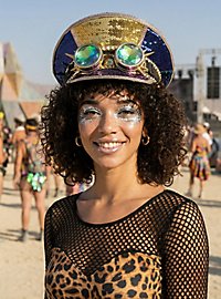 Cappello punk glitterato con occhiali da saldatore