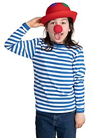 Costume de clown pour enfants avec chemise bleue à anneaux, nez de clown et chapeau