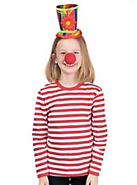 Costume de clown pour enfants avec chemise rouge à anneaux, nez de clown et chapeau