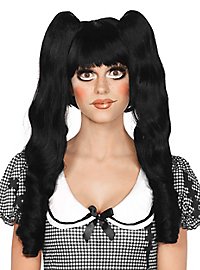 Doll Wig with Pigtail Clips black