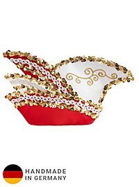 Elegant white and red mini cap with embroidery and gold tinsel trim