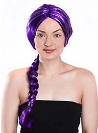Long hair wig purple with braided pigtail and white strands