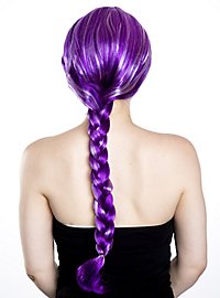Long hair wig purple with braided pigtail and white strands