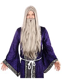 Magicien perruque grise à cheveux longs avec barbe grise complète