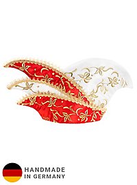 Magnificent red and white committee cap with floral vine embroidery and baroque border