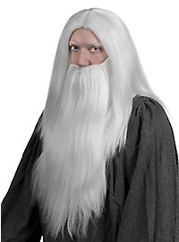 Perruque gris-blanc à cheveux longs avec barbe complète jusqu'à la poitrine