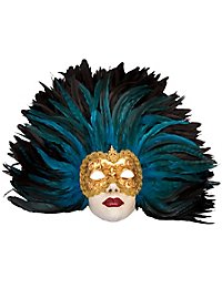 Piuma Blu Grande Volto Stucco Guld Venetiansk Maske