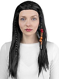 Schwarze Perücke mit Zöpfen und Haarschmuck