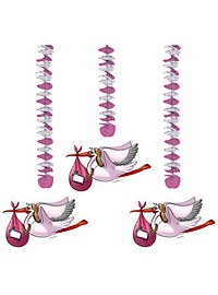 Stork baby decorative spirals pink 3 pieces