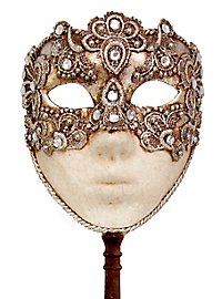 Volto macrame argento con bastone Venezianische Maske