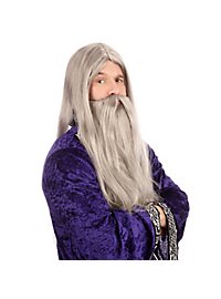 Wizard gray long hair wig with gray full beard